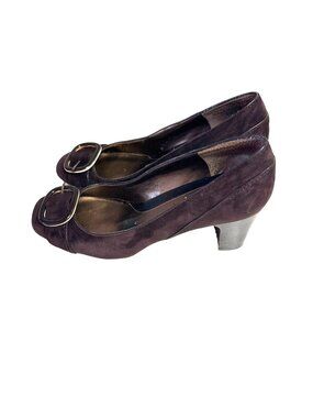 Bandolino Size 8 Business Casual Brown Suede Blend Stack Heel Pump Buckle